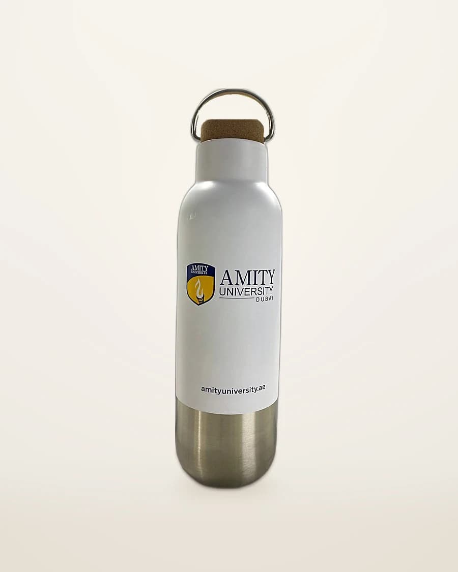 White and steel bottle with a cork lid, printed with the Amity University Dubai logo