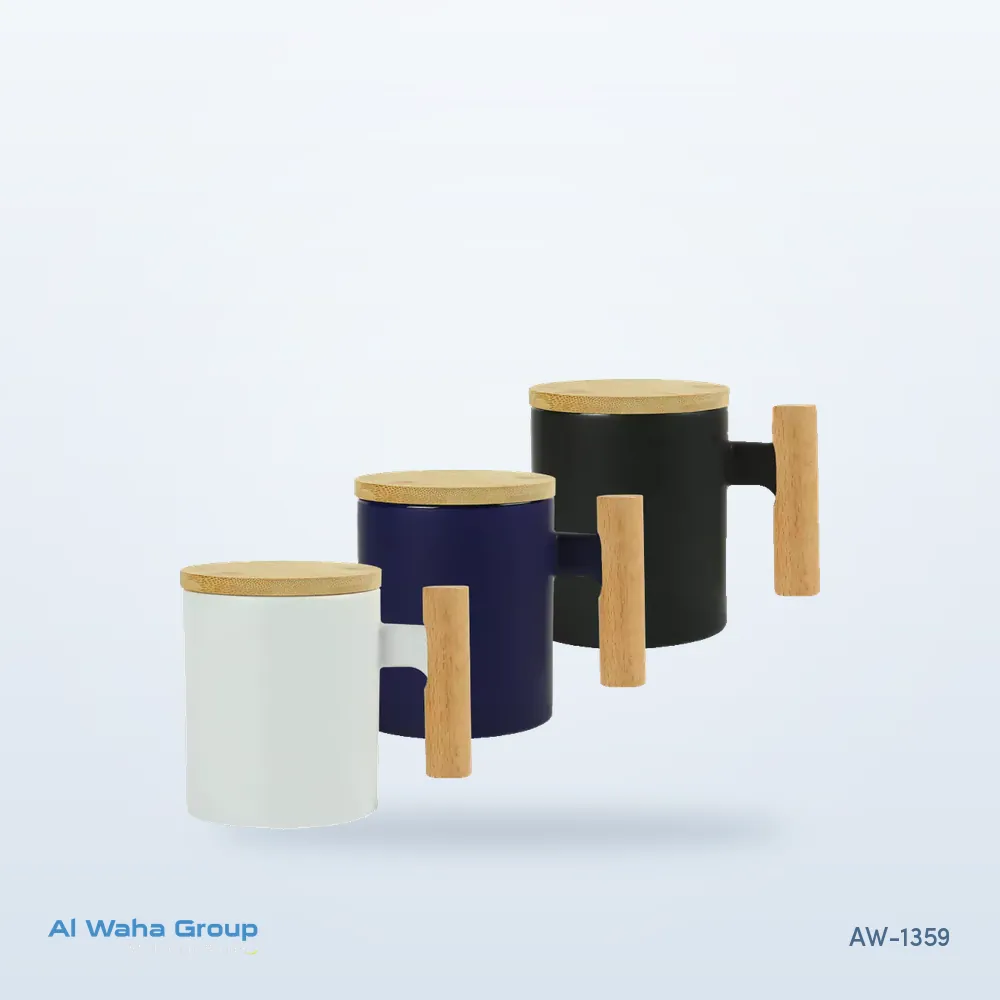 Ceramic Mug with Bamboo Handle and Lid, 380 ml