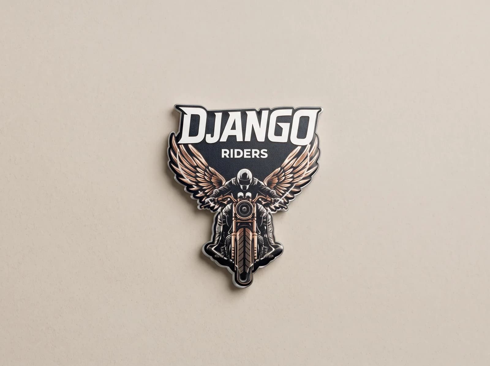 Full-colour badge for a motorcycle club, cut to the shape of the logo