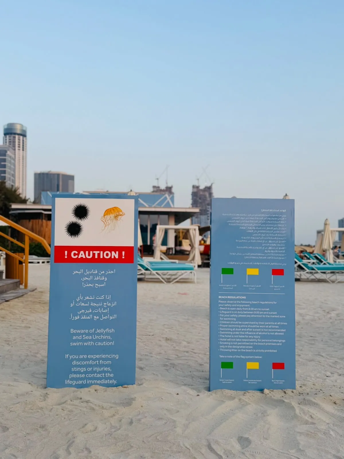 Two blue beach signs on the sand at Hilton Dubai Palm Jumeirah: a jellyfish and sea urchin caution board and a beach regulations board