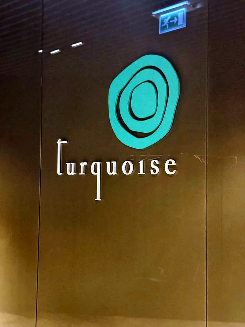Raised turquoise logo mark above white Turquoise lettering on a dark wall