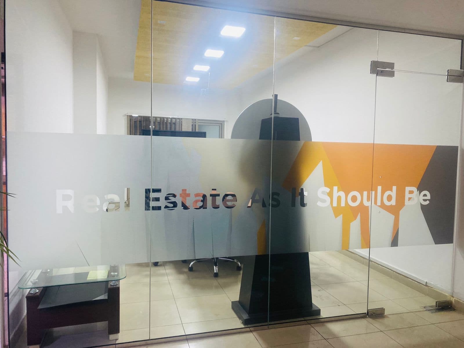 Frosted vinyl with cut lettering applied to office glass