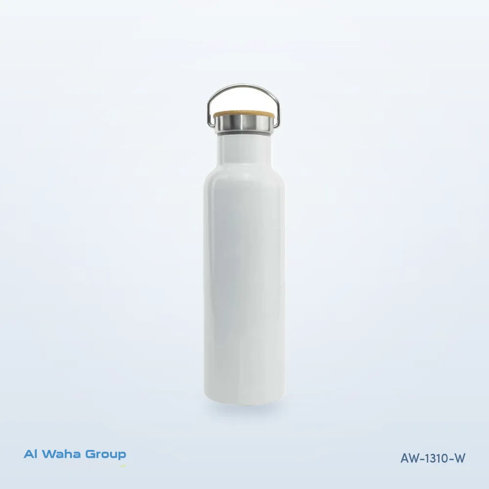Steel Flask with Bamboo Cap, 600 ml in white, AW-1310-W
