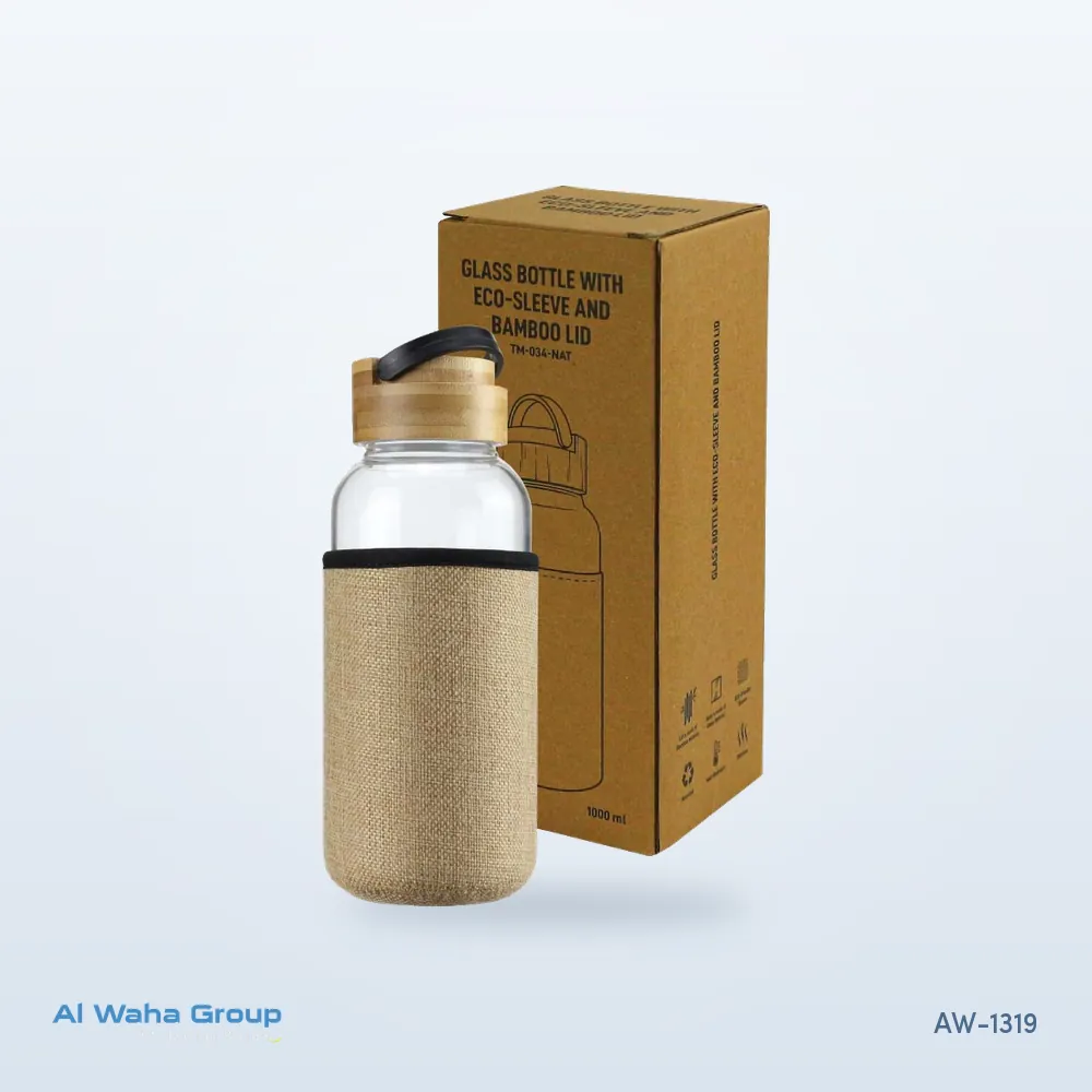 Glass Bottle with Bamboo Lid and Sleeve, 1 Litre, AW-1319