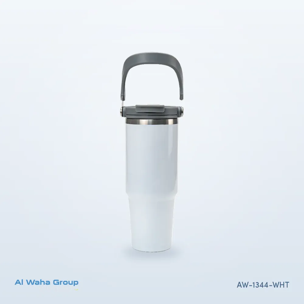 Steel Tumbler with Handle and Straw, 900 ml in white, AW-1344-WHT