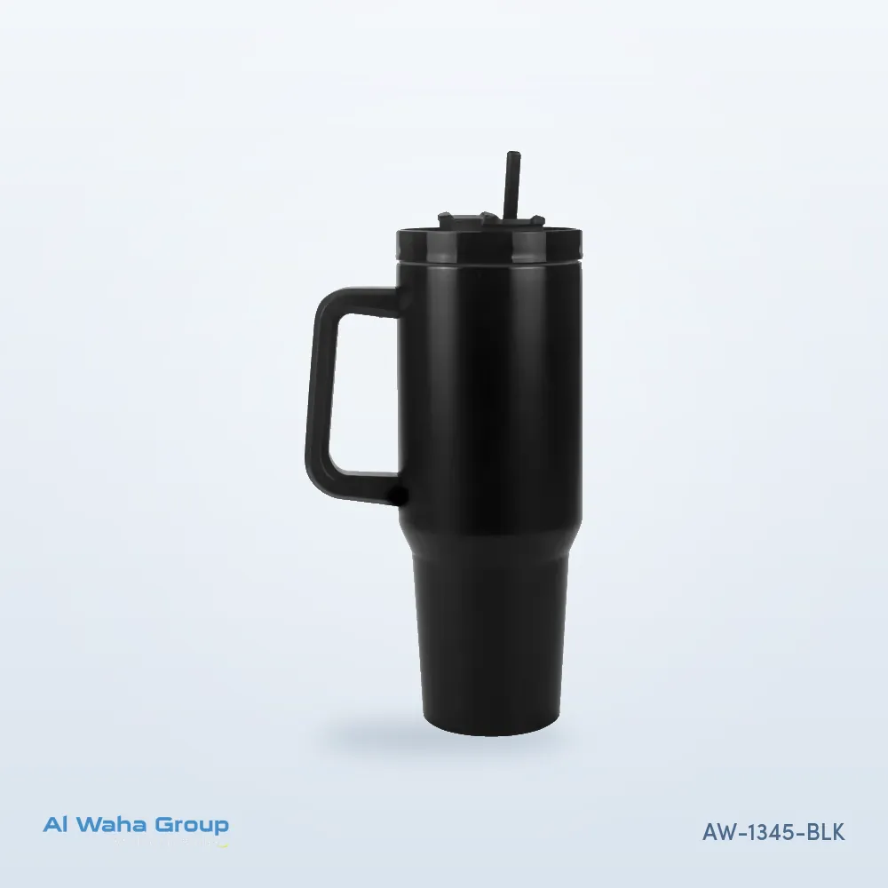 Large Steel Tumbler with Handle and Straw, 1200 ml in black, AW-1345-BLK