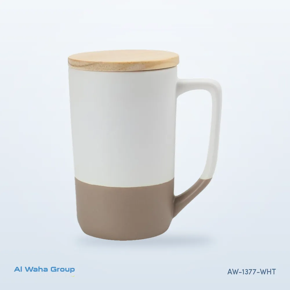 Two-Tone Ceramic Mug with Clay Base and Bamboo Lid, 460 ml in white, AW-1377-WHT
